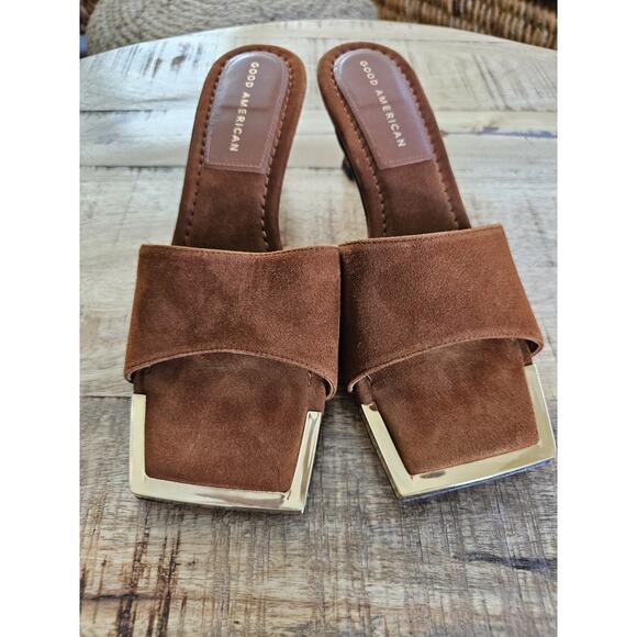 Good American THE STANDOUT Square Toe Mule Sandal Suede Tobacco Size 7 - Picture 2 of 11